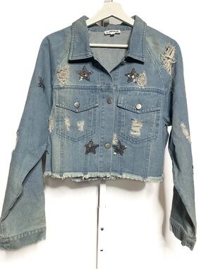 Macaron Women's Light Wash Distressed Cropped Denim Jacket with Sequin Stars • S